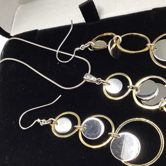 925 Sterling Silver Necklace & Earrings Set Two Tone Circle Pendant Dangle Set - Picture 6 of 13
